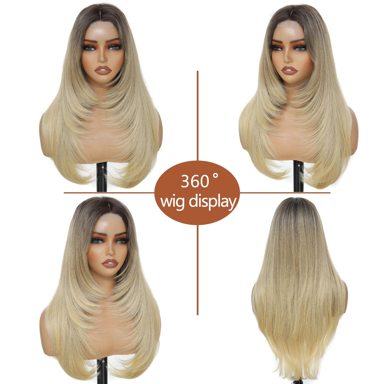 Ombre Blonde Wigs for Women 26 Inch Long Layered Wig Middle Part Blonde Wig S…