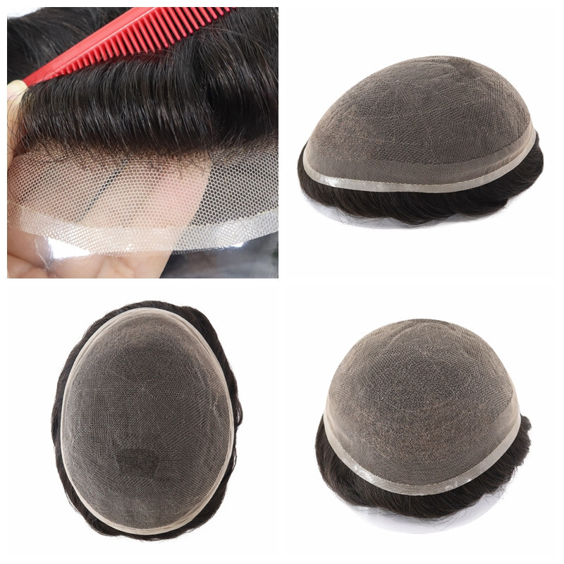 Mens Hair Toupee System Full French Lace Human Hair Reoplacement Hairpieces