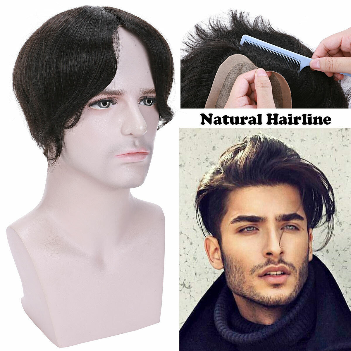 Mens Natural 100% Remy Human Hair Topper Toupee Hairpiece Super Thin Toupee Wigs