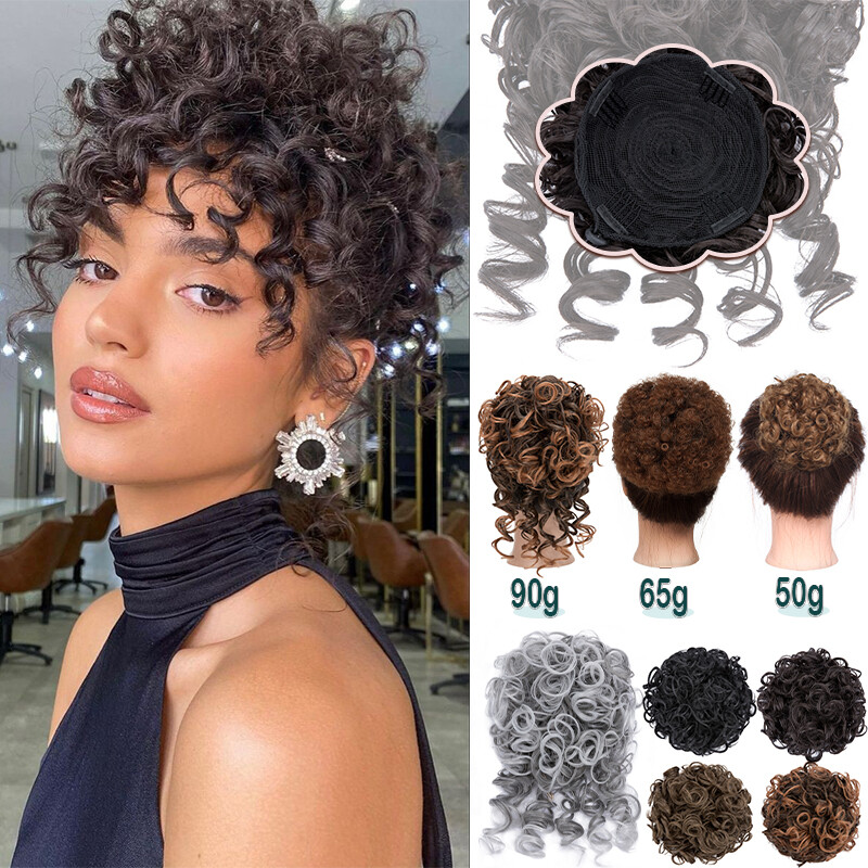 Afro Kinky Curly As Human Hair Clip In Short Ponytail Bun + Bangs Black Women US