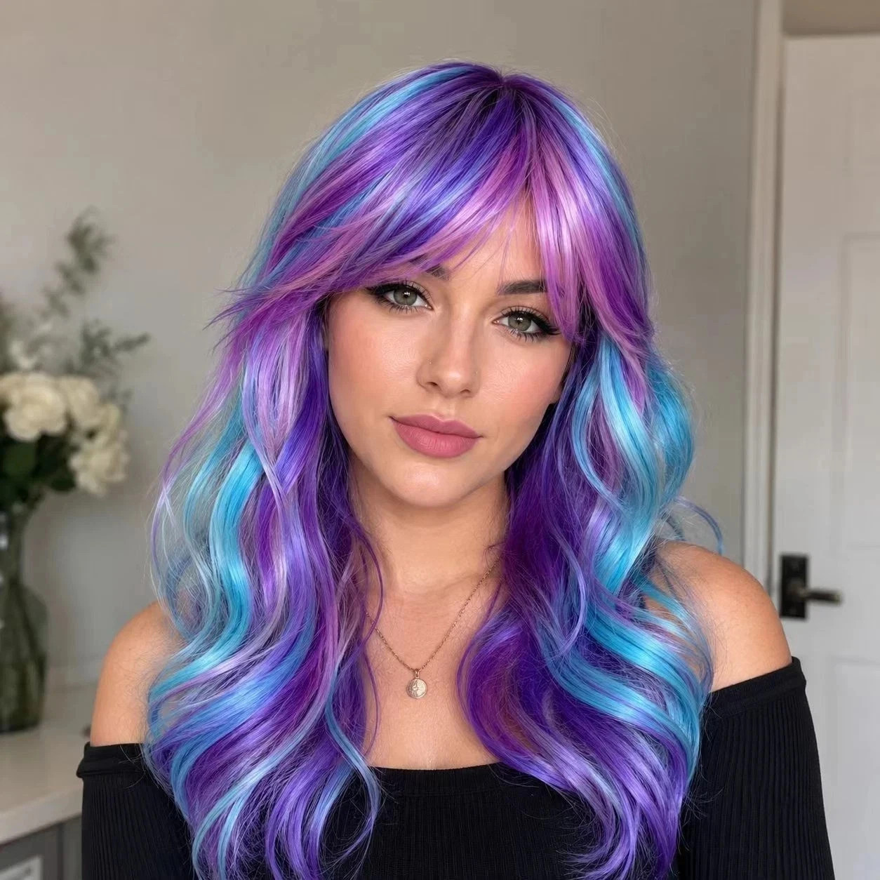 Long Wavy Purple Blue Mixed Color Wig with Bangs Heat Resistant Synthetic Hair C