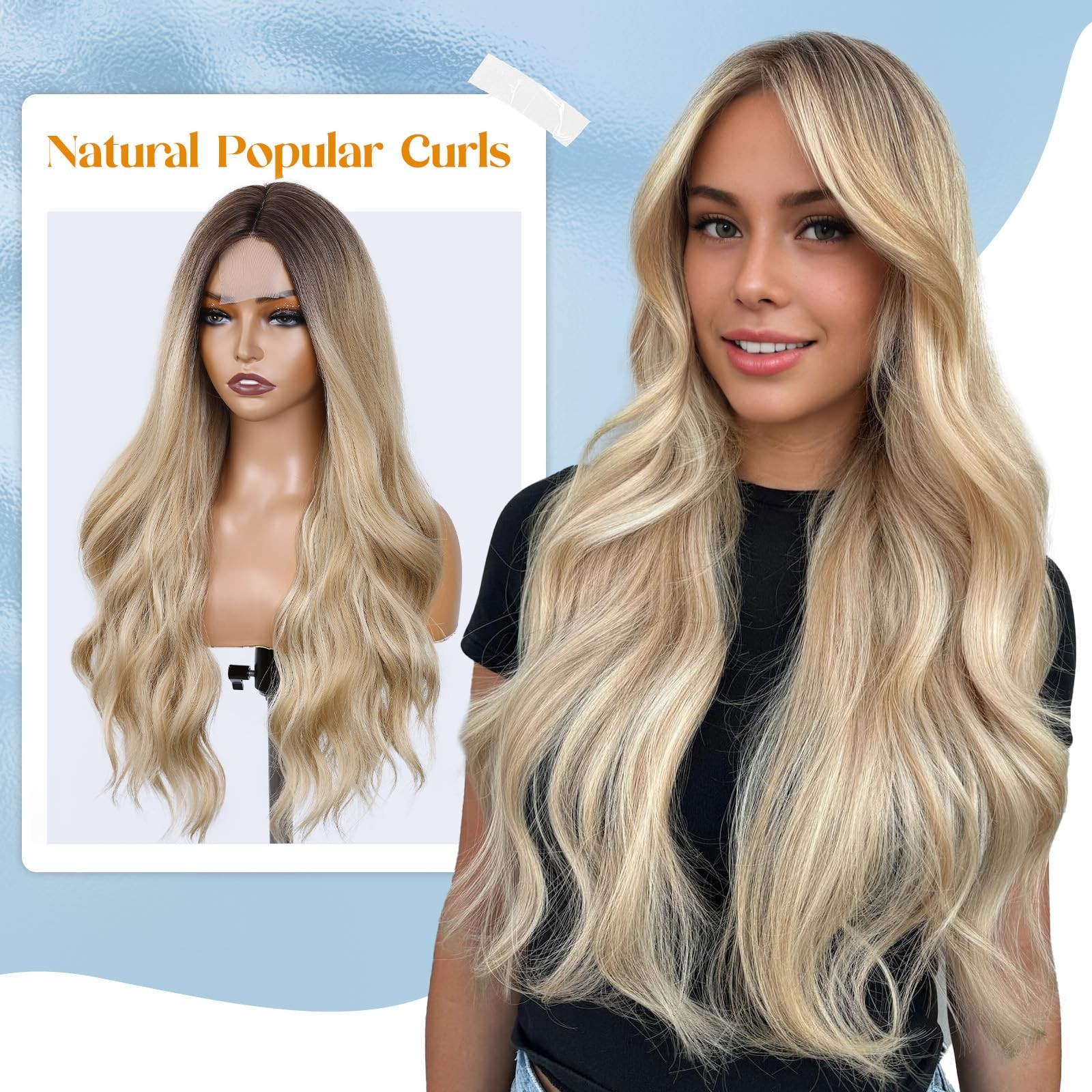 Blonde Wigs Long Ombre Blonde Wavy Hair Middle Part Curly Wavy Wig for Women …
