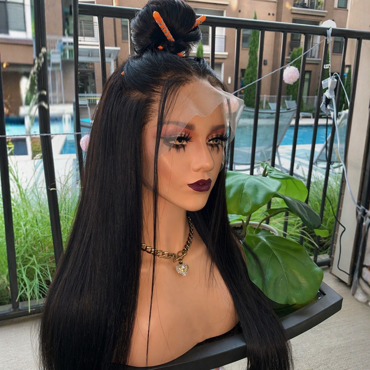 Lace Front Wig Long Straight Synthetic Hair Heat Resistant Pre Plucked Off black