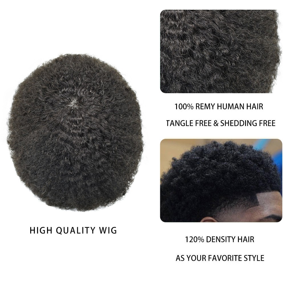 Afro Toupee for Black Men All PU African American Mens Toupee Black Hair Piece