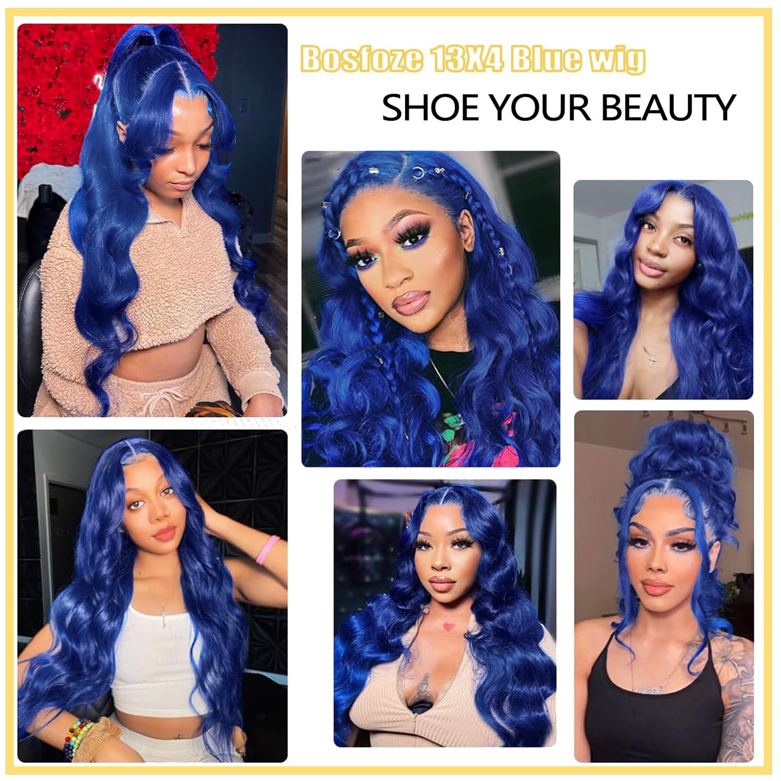 26″ Blue Lace Front Wig Human Hair Body Wave 13×4 HD Transparent Frontal 180% De