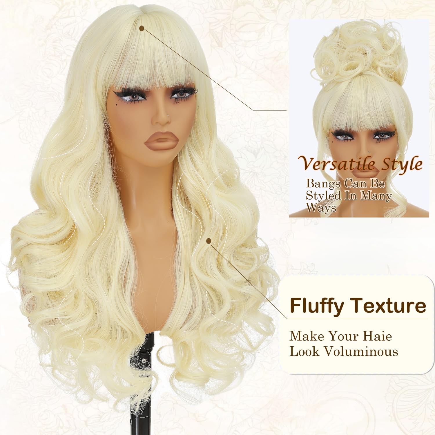 Long Body Wave Blonde Wig With Bangs – 26 Inch Long Wavy Blonde Wig with Bang…