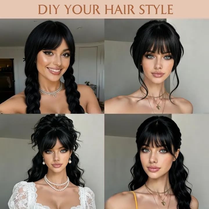Black Wig with Bangs 26 Inch Long Curly Wavy Wigs for Women Begineer-Friendly…