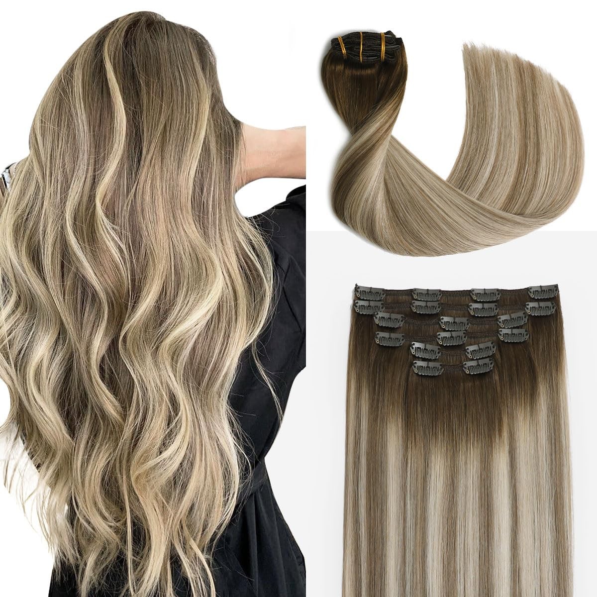 20″ Balayage Clip-In Human Hair Extensions, Dark Brown to Ash Blonde, 120g, 6pcs