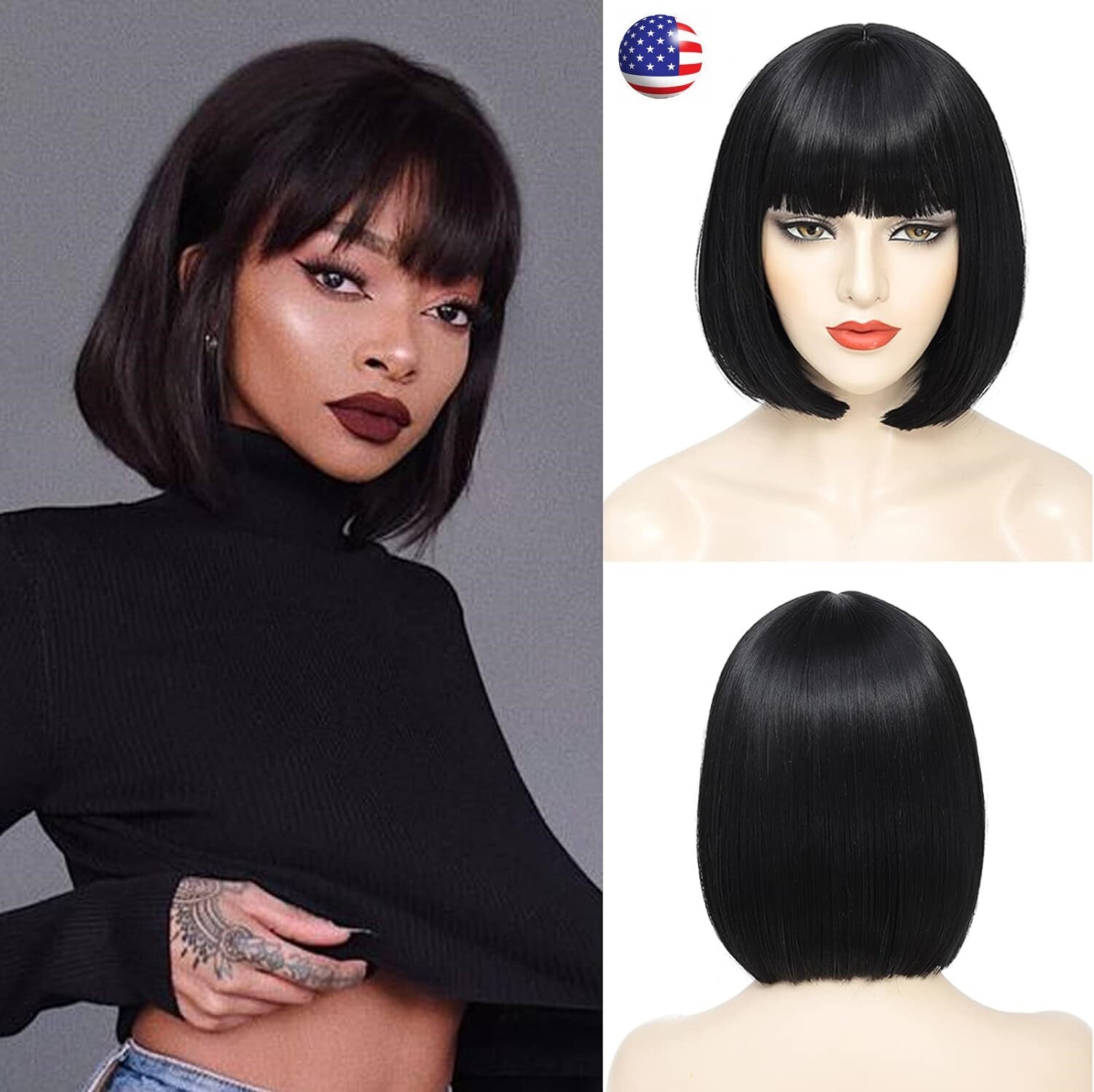 Black Bob Wig with Bangs 13″ Short Bob Wigs Women Short Black Wig Heat Daily USA