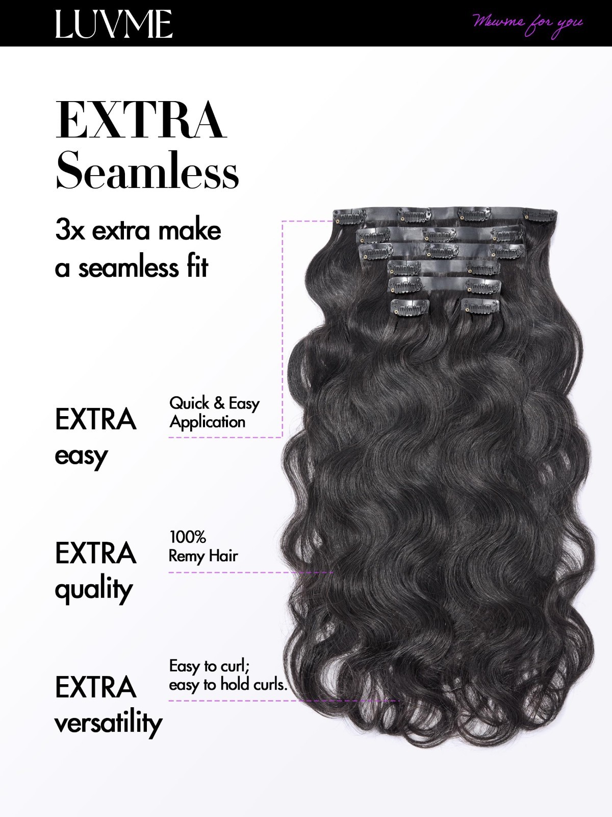 Body Wave Clip-In Hair Extensions 20″ Natural Black 110g 100% Remy Human Hair, S