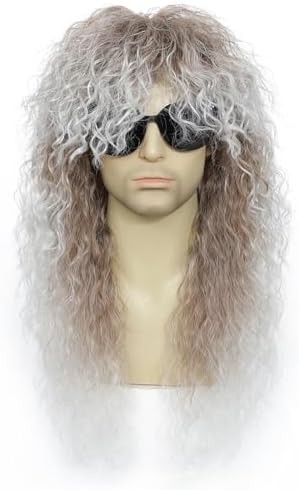 Rock Wig for 80s Costume Men and Women Curly Wavy Rocker Wig with Bangs Hippie P
