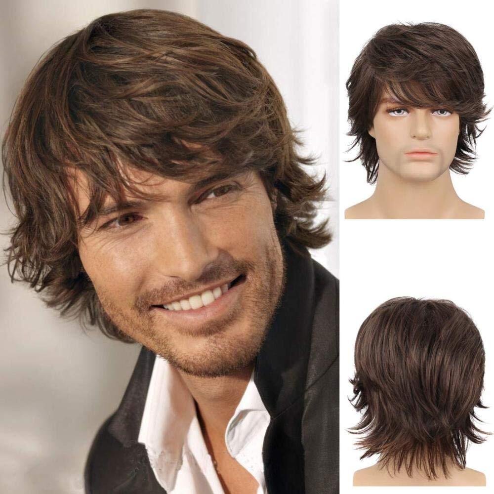 Men Brown Short Wigs Layered Natural Wavy Synthetic Hair Boys Male Wig Bangs USA
