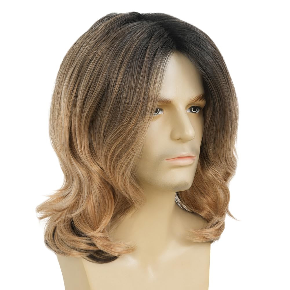 Men’s Brown Shoulder Length Wig Synthetic Cosplay Costume Rocker Hair