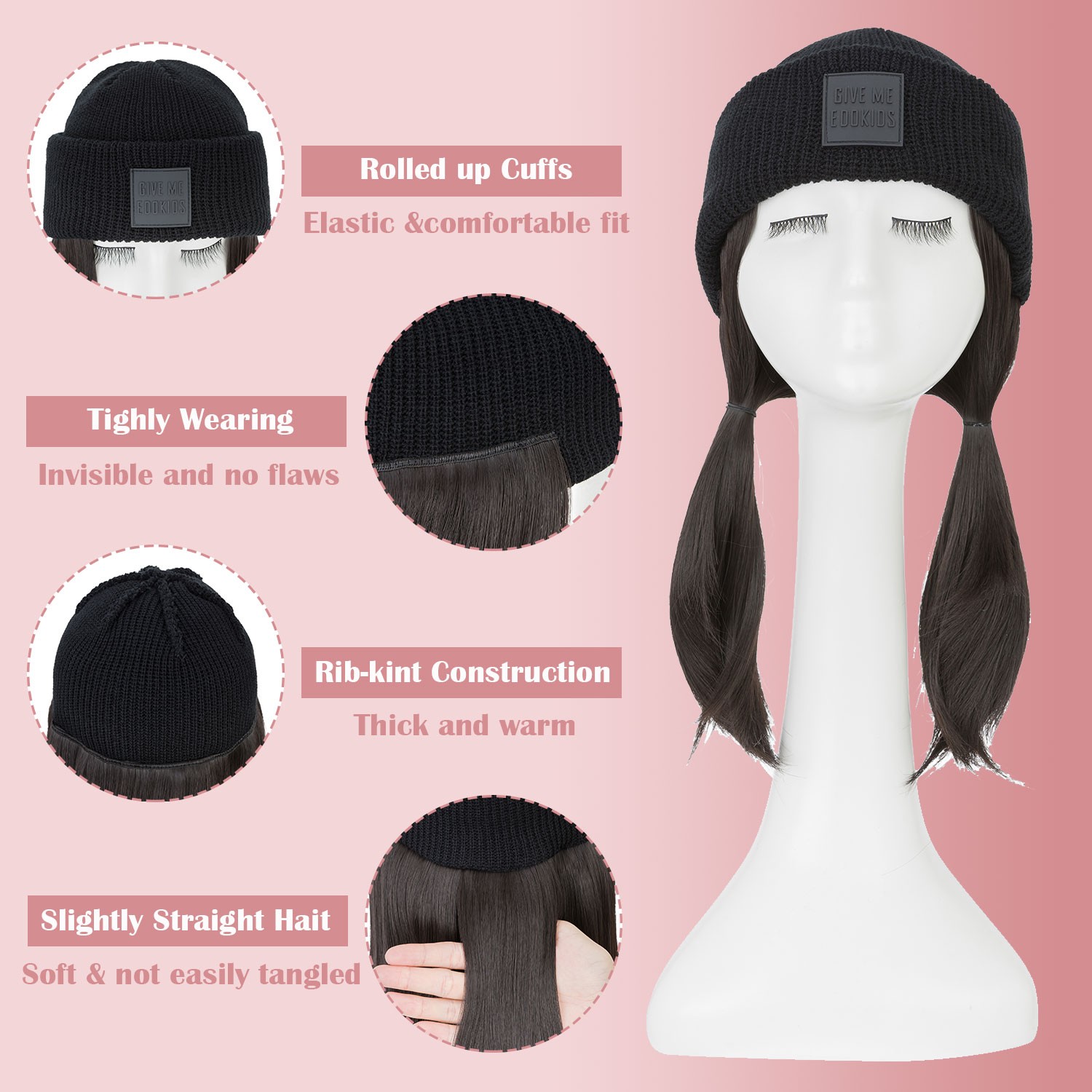 Winter Wig Hat with Hair Attached for Women Knitted Beanie Wigs Winter Hat Warm