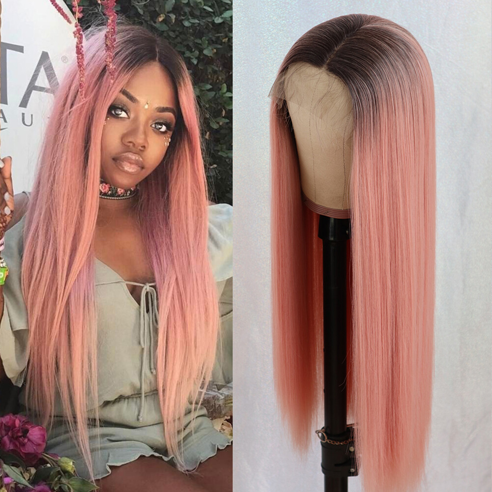 Ombre Pink Women’s Synthetic Hair Lace Frontal Wig Long Straight Natural Wigs