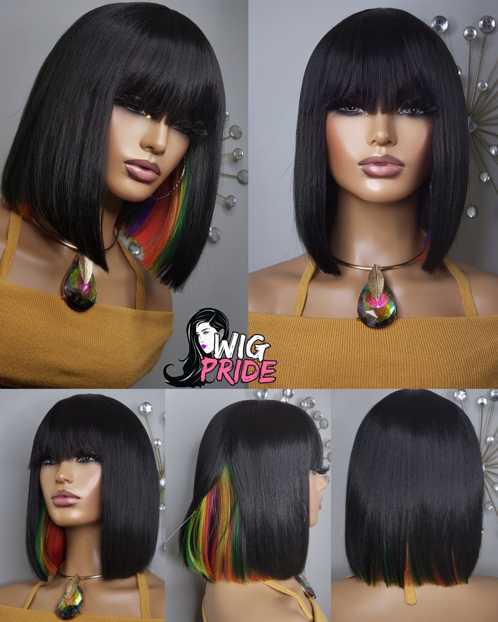 New Short Human Hair Blend Straight Bob Wrap Style Full Cap Wig Black Rainbow