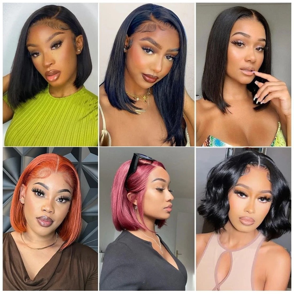14″ Glueless Brazilian Bob Wigs Human Hair Natural Black Wave Lace Front Wigs