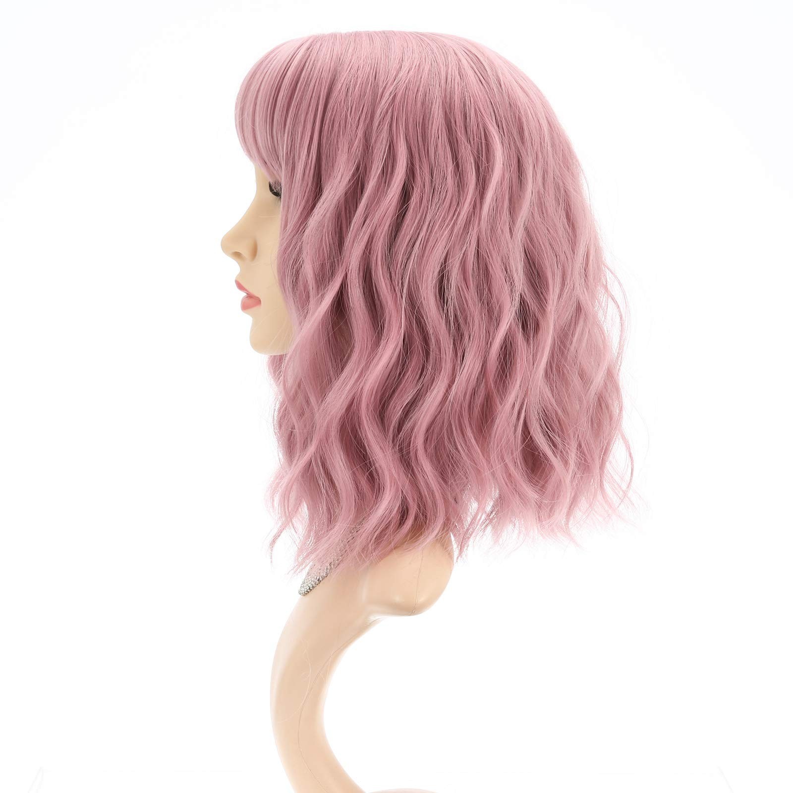 Short Pink Curly Wavy Wig with Bangs – 12″ Synthetic Costume Cosplay Hair for Wo