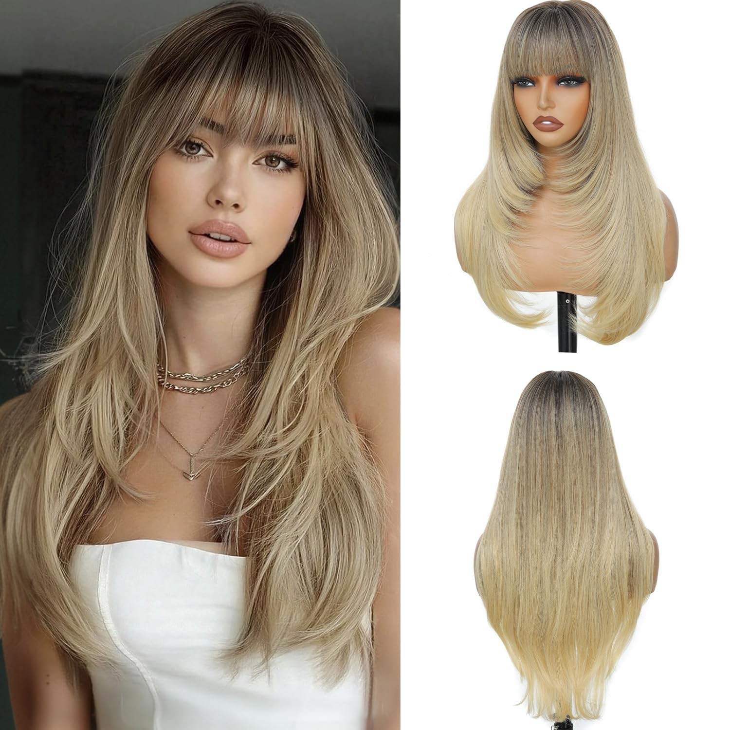 Ombre Blonde Layered Wig with Bangs 26 Inch Long Wavy Blonde Wigs for Women H…