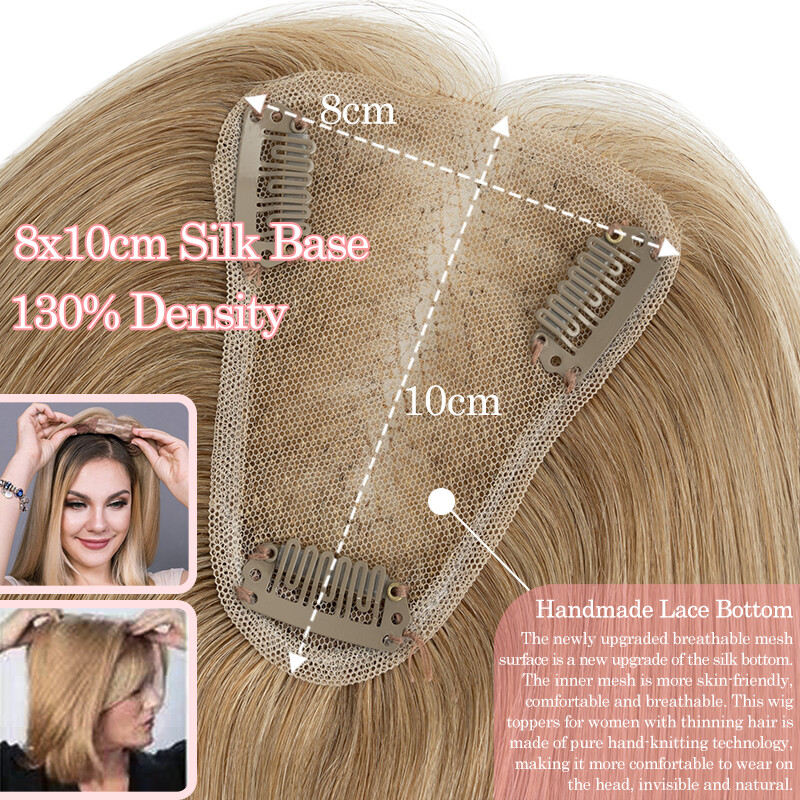 100% Remy Human Hair Extensions Clip In Silk Base Hairpiece Topper Free Part