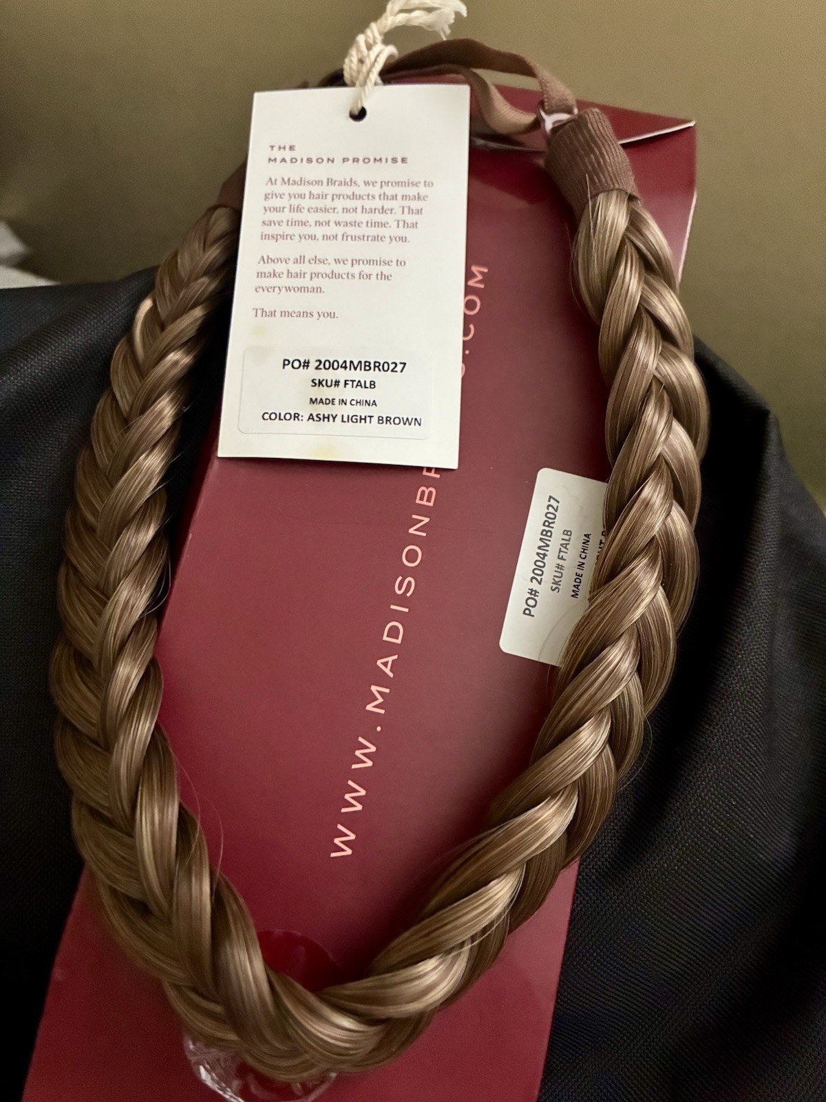 NIB Madison Braids Hair Extensions Braided Headbands ASHY LIGHT BROWN