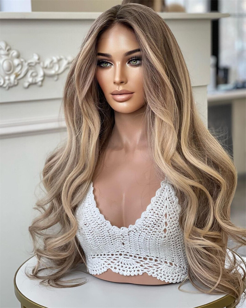Ash Brown Mixed Golden Blonde Highlight Wavy Remy Human Hair Lace Front Wigs