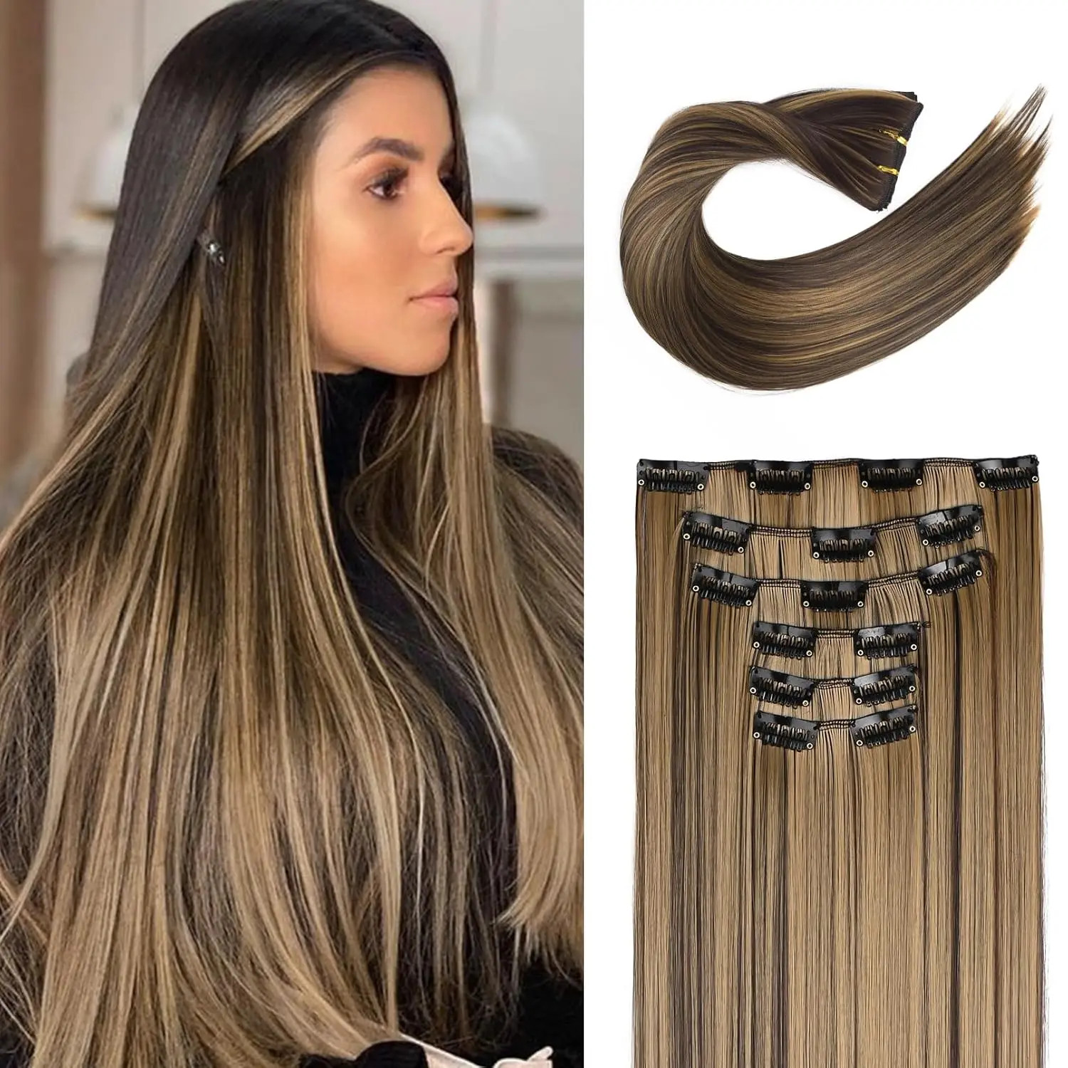6Pieces/Set Clips in Hair Extensions 24 Inch Synthetic Long Straight Extensions