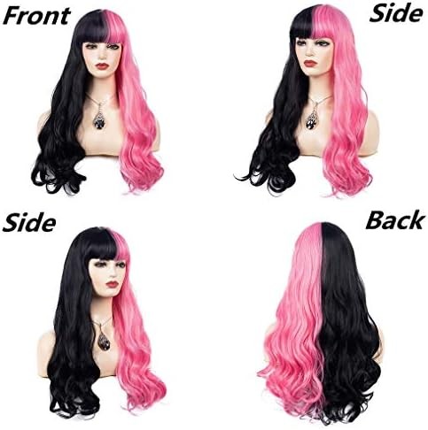 Half Pink Half Black Wavy Wigs Long Curly Wavy Split Synthetic Wig with Bangs Ha