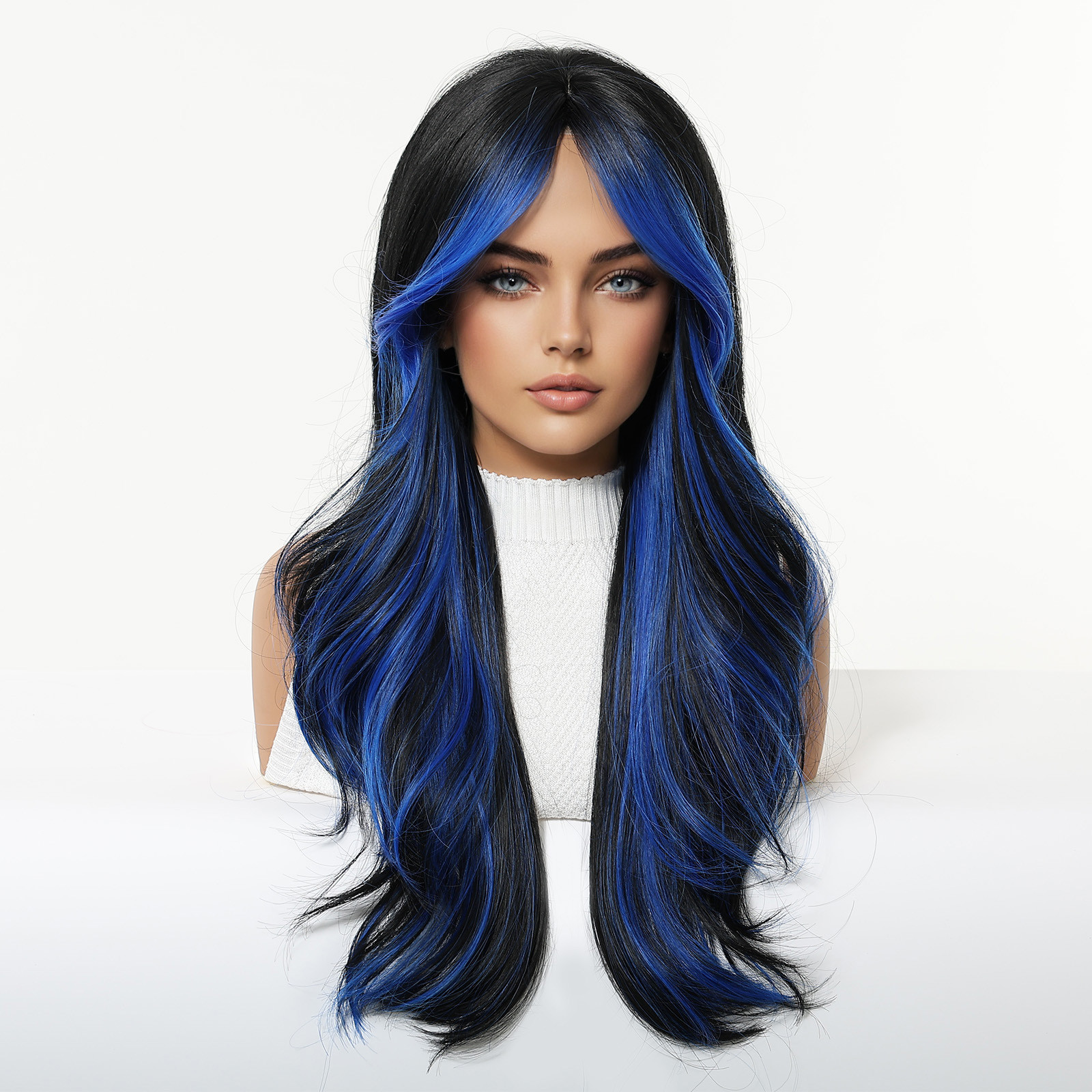 Black and Blue Wavy Wig for Women Party Long Synthetic Hair with Curtain Bangs