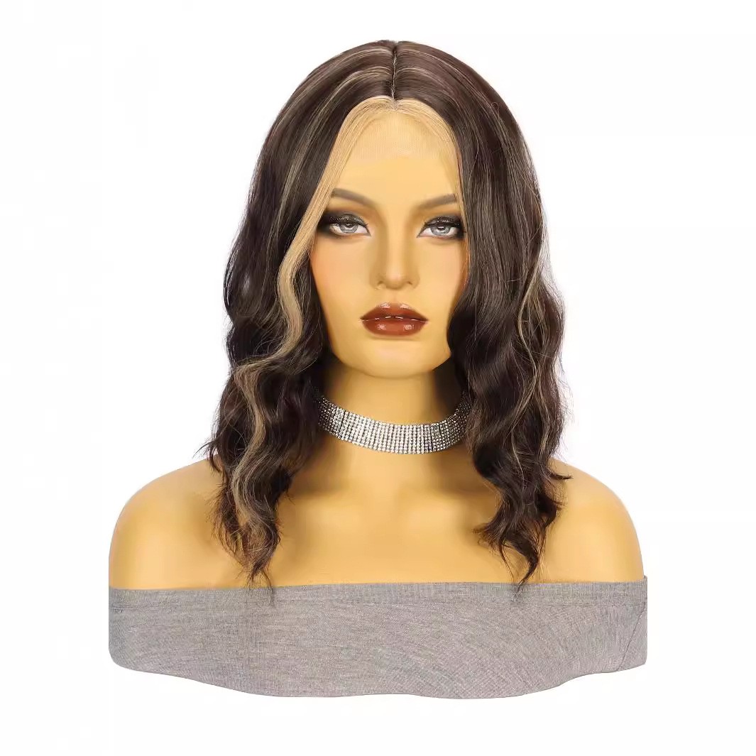 Brown Highlight Short Water Wave Curly Small Lace Synthetic Wig Heat Resistant