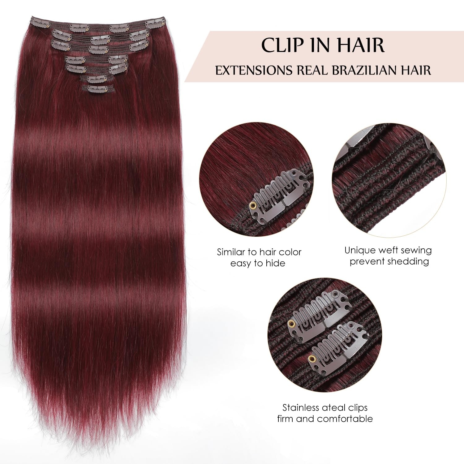 Sisily Clip In Hair Extensions Real Human Hair 16 Inch 140G Burgundy Red 100