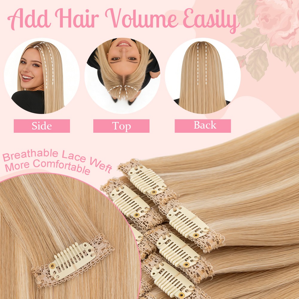 US 6pcs 6 Clips in Remy Human Hair Extensions Hairpiece Short Straight Highlight