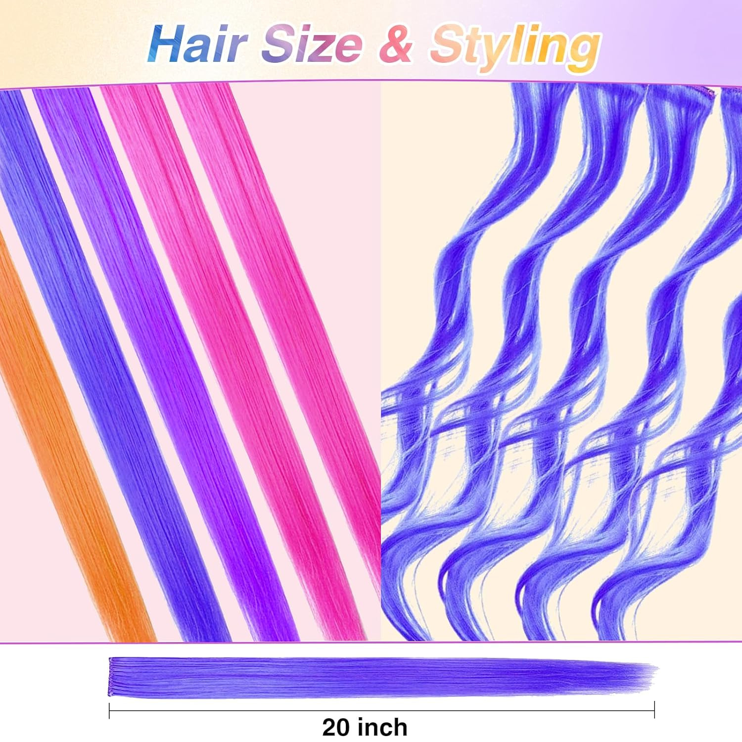 32 PCS Clip in Colored Hair Extensions for Kids, 20 Inches Rainbow Long Straight