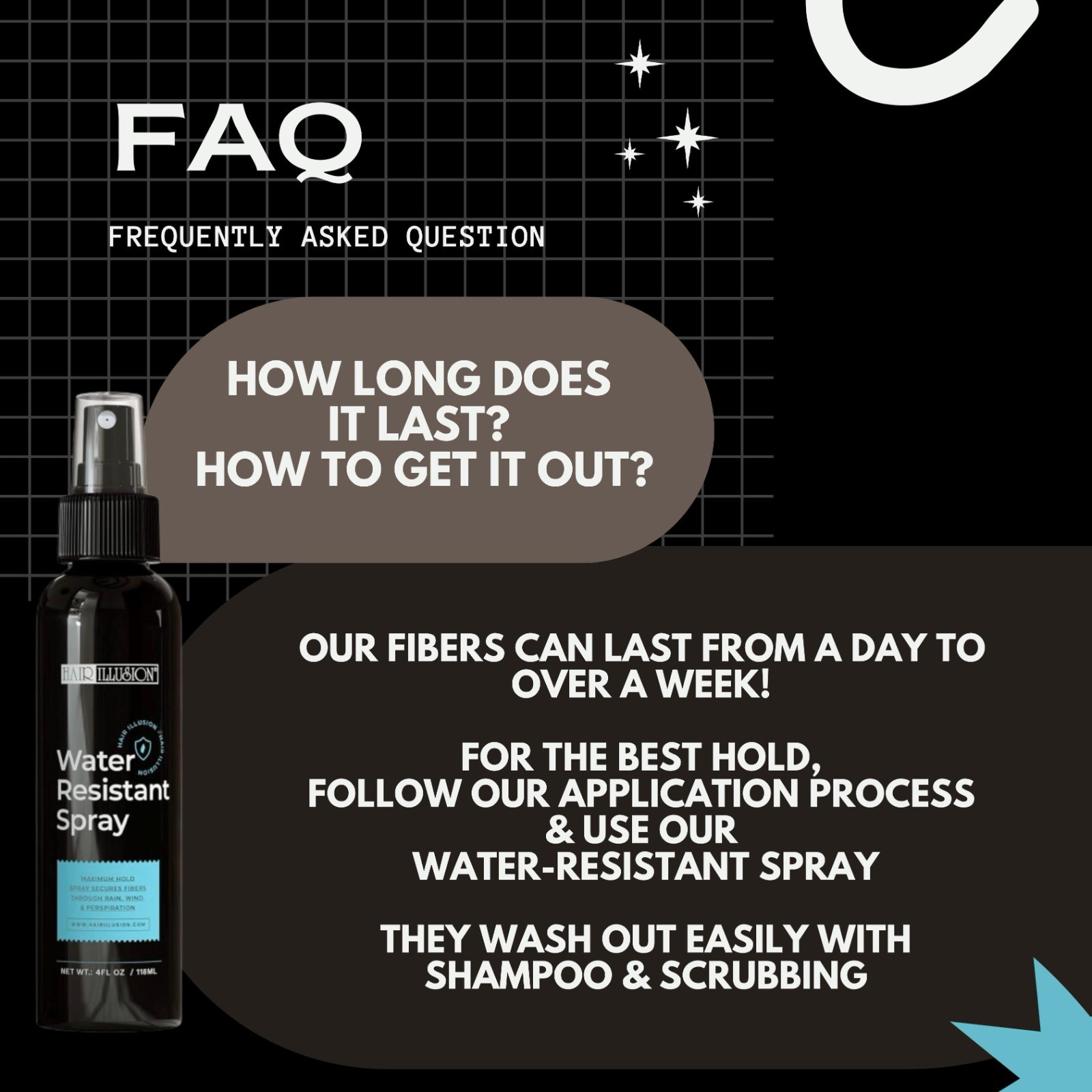 Hair Illusion 38g Black Real Hair Fibers + Water Resistant Spray + Applicator