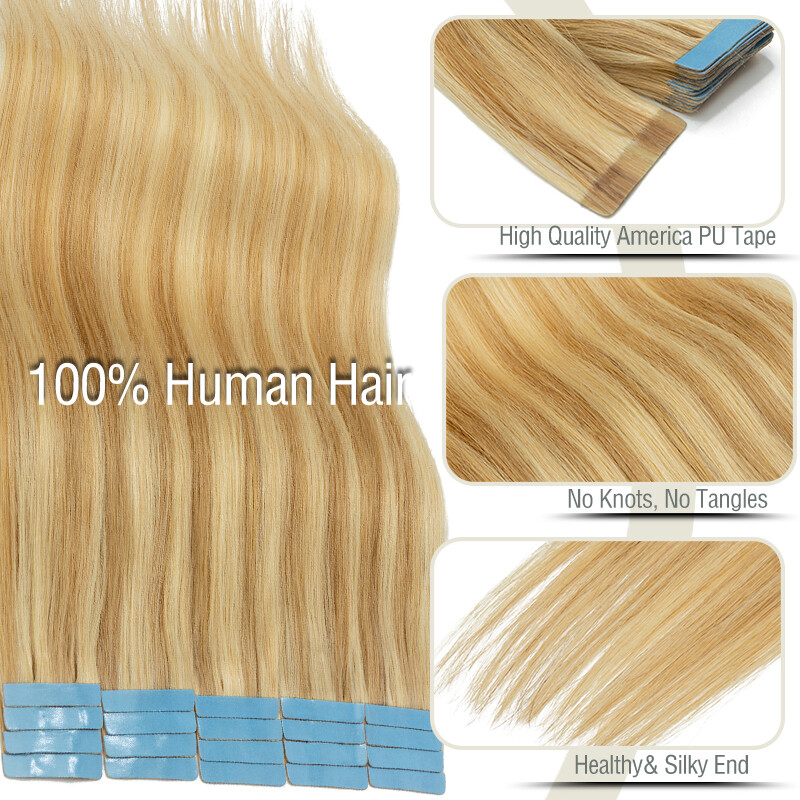 Invisible Tape in Remy Human Hair Extensions Skin Weft Balayage Indian 10pcs