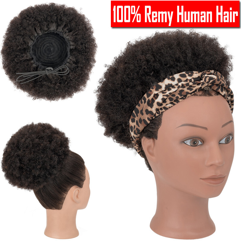 Extra Large Afro Kinky Curly Puff Bun Clip in Human Hair Extensions Ponytail US