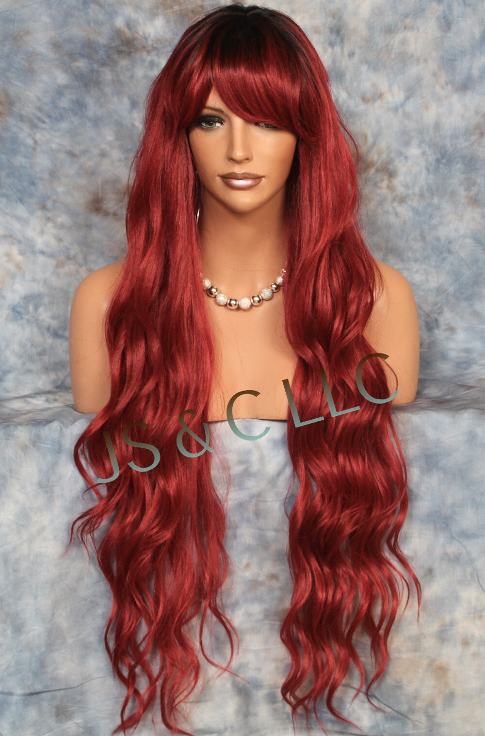 Human Hair Blend 40″ Long Full Wig Heat OK Wavy bangs JSSH Black roots Red Wine