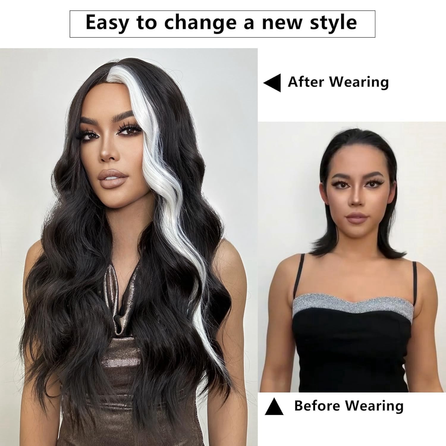 Long Wavy Black White Wigs for Women 26 Inch Middle Part Curly Wavy Wig Natur…
