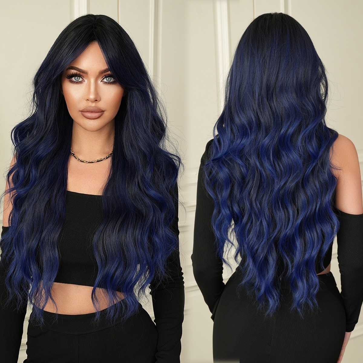 Blue wig with long curly hair wavy and fluffy full head cover with blue wig