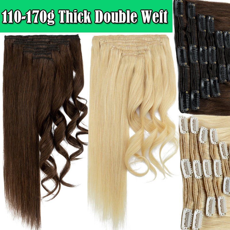 EXTRA THICK Double Weft Clip In 100% Human Hair Extensions Full Head 140g BLONDE