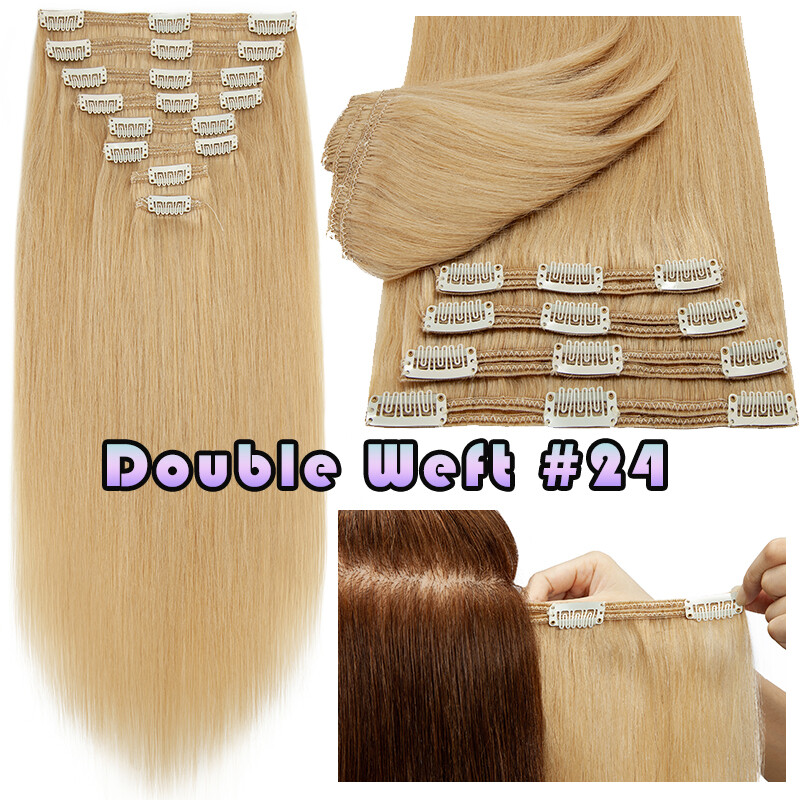 Double Wefts Clip In Russian Remy Human Hair Extensions Blonde Full Head Thick