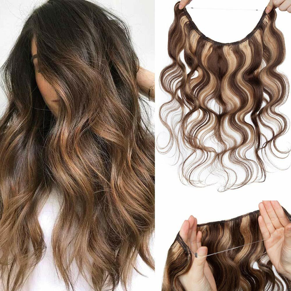 16″-26″ Invisible Wire In Human Hair Extensions Loop Line Wavy Hair Easy To Wear