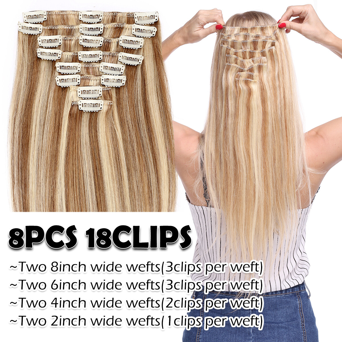 100% Human Hair Clip In Remy Hair Extensions Real Soft FULL HEAD Invisible Grey#