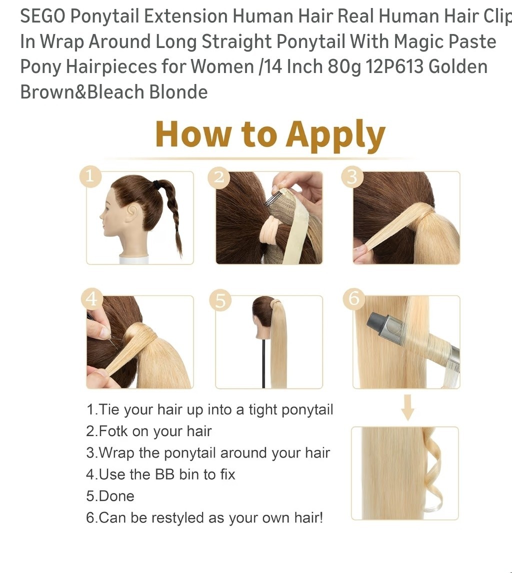 Sego Ponytail Extension Human Hair Clip/ 14 In. 80g. Golden Brown & Bleach Blond