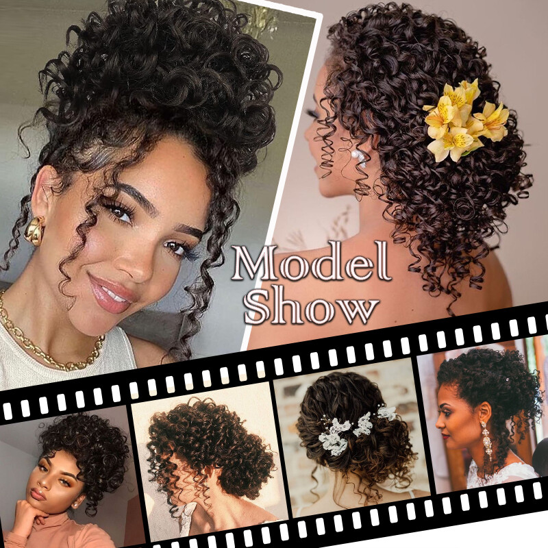 Afro Kinky Curly As Human Hair Clip In Short Ponytail Bun + Bangs Black Women US