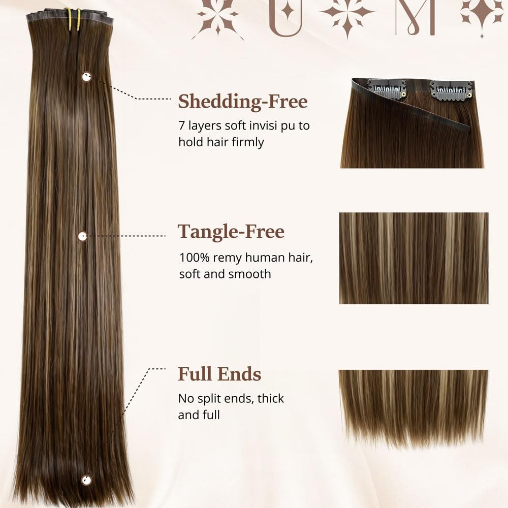 18″ 120g Clip In Hair Extensions, Real Remy Human Hair, Balayage Brown to Blonde