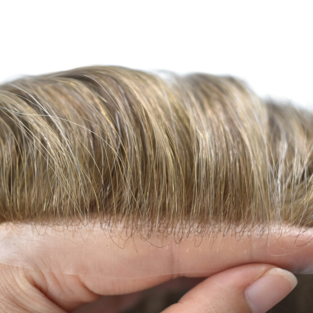 Mens Toupee Thin Skin V-Loop Hairpiece 0.03mm Poly PU Gray Hair Replacement