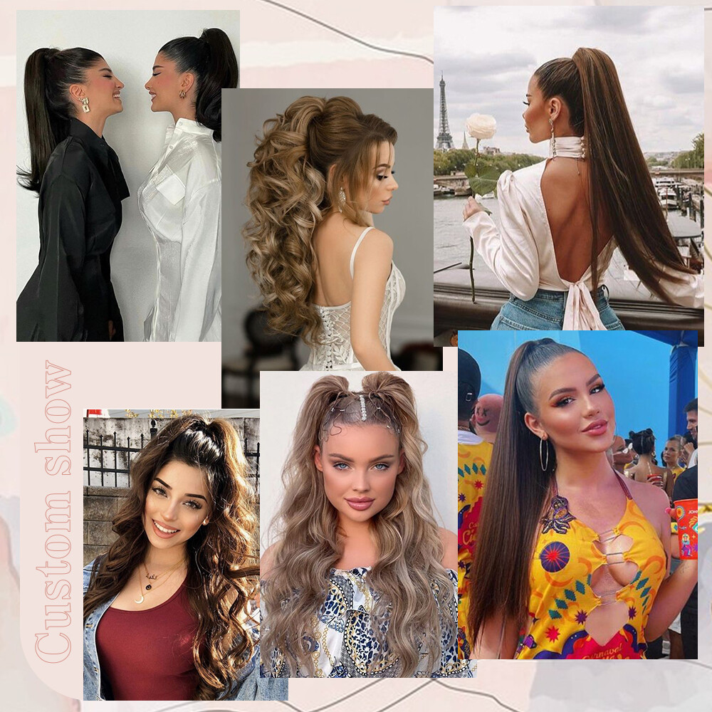 Claw Ponytail Long Curly Pony Tails Clip In Hair Extension Brown Highlight Thick