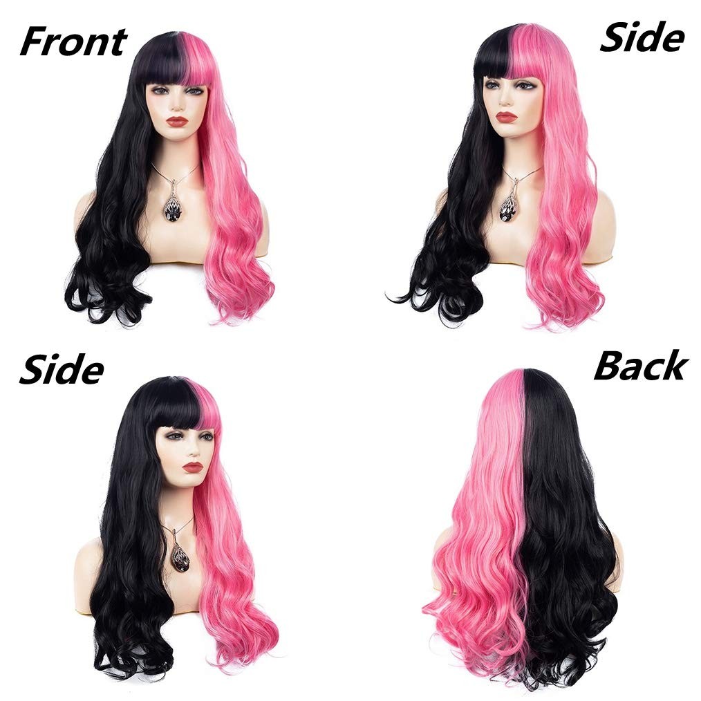 Half Pink Half Black Wavy Wigs Long Curly Wavy Split Synthetic Wig with Bangs…