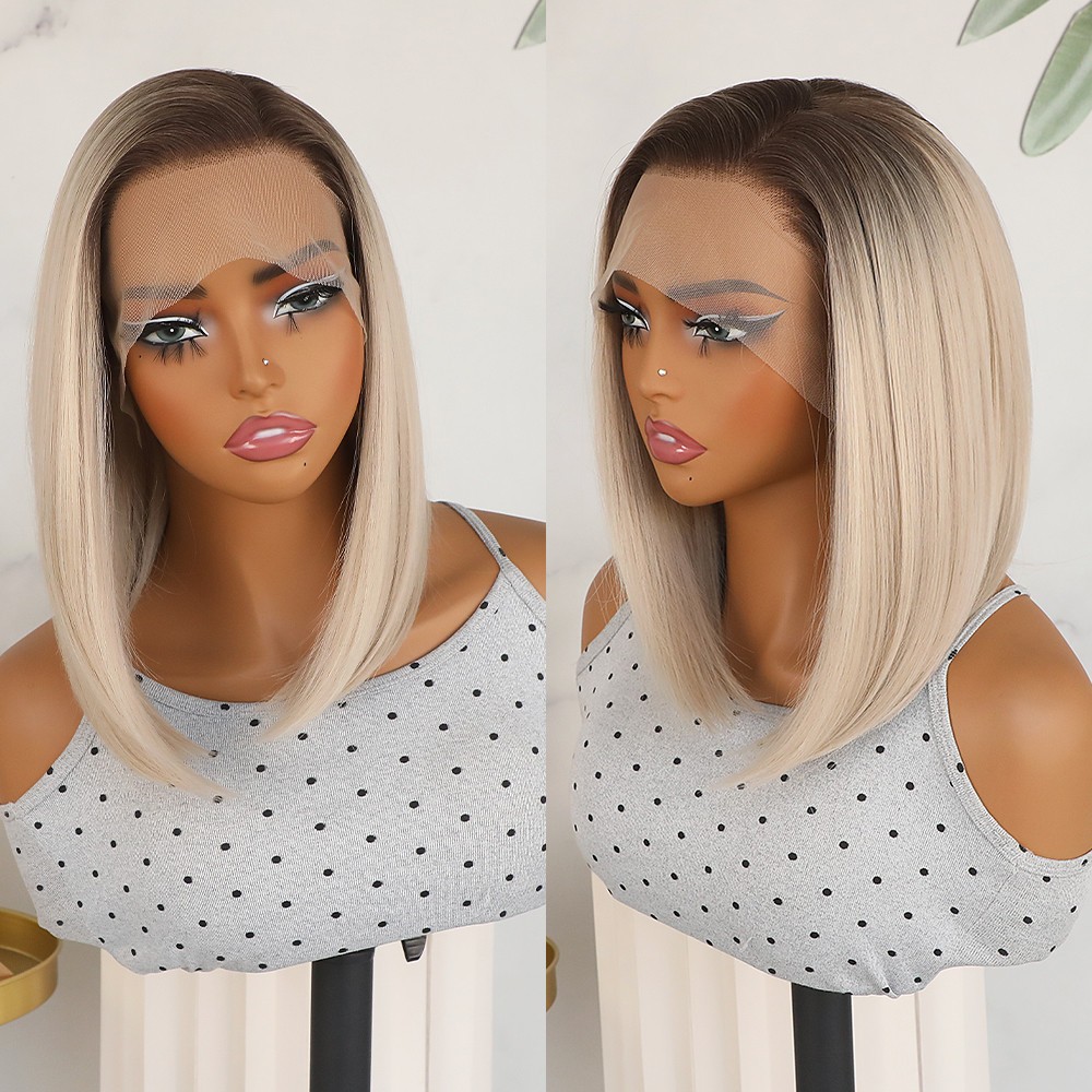 13×4 Short Bob Lace Front Wigs Glueless Brown Roots Ombre Blonde Straight Hair